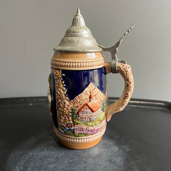Vtg Gerz Lidded Beer Stein w/Picture of Kissing Couple & Houses - Picture 1 of 14